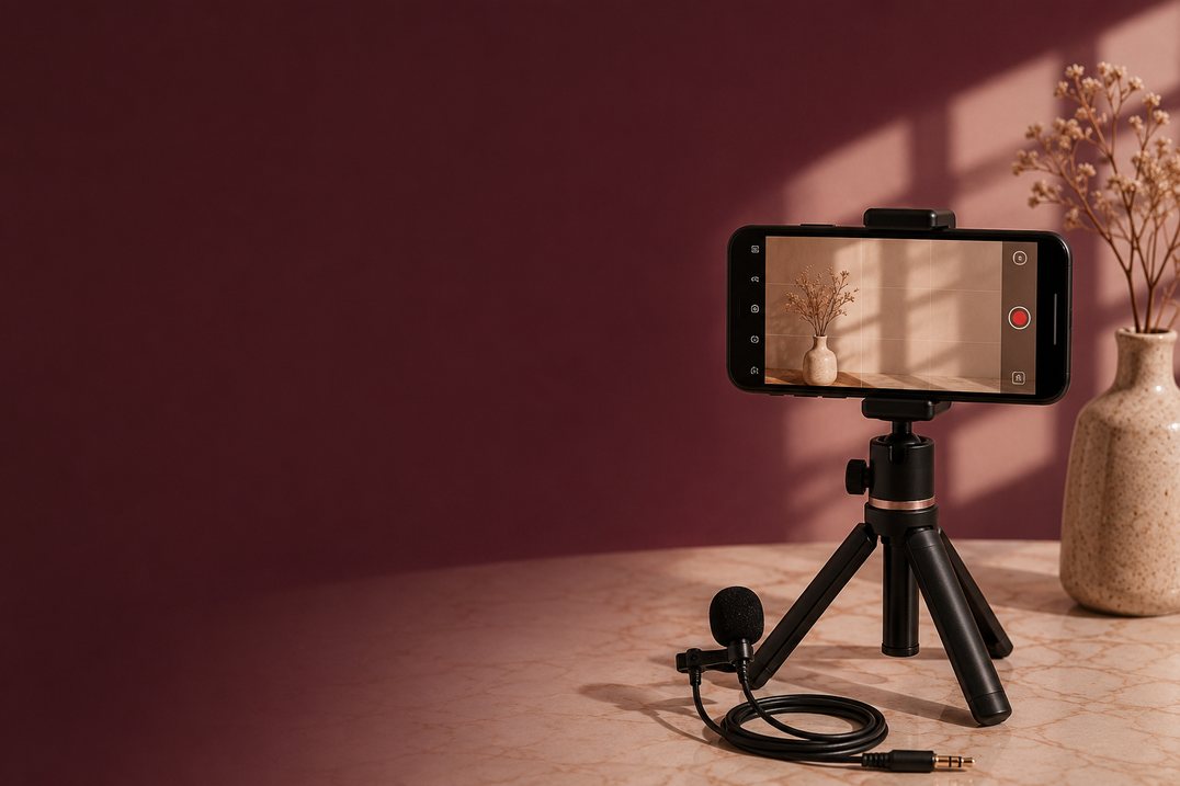 Setup de gravação do curso Do Zero ao Vídeo: celular no tripé com microfone de lapela
